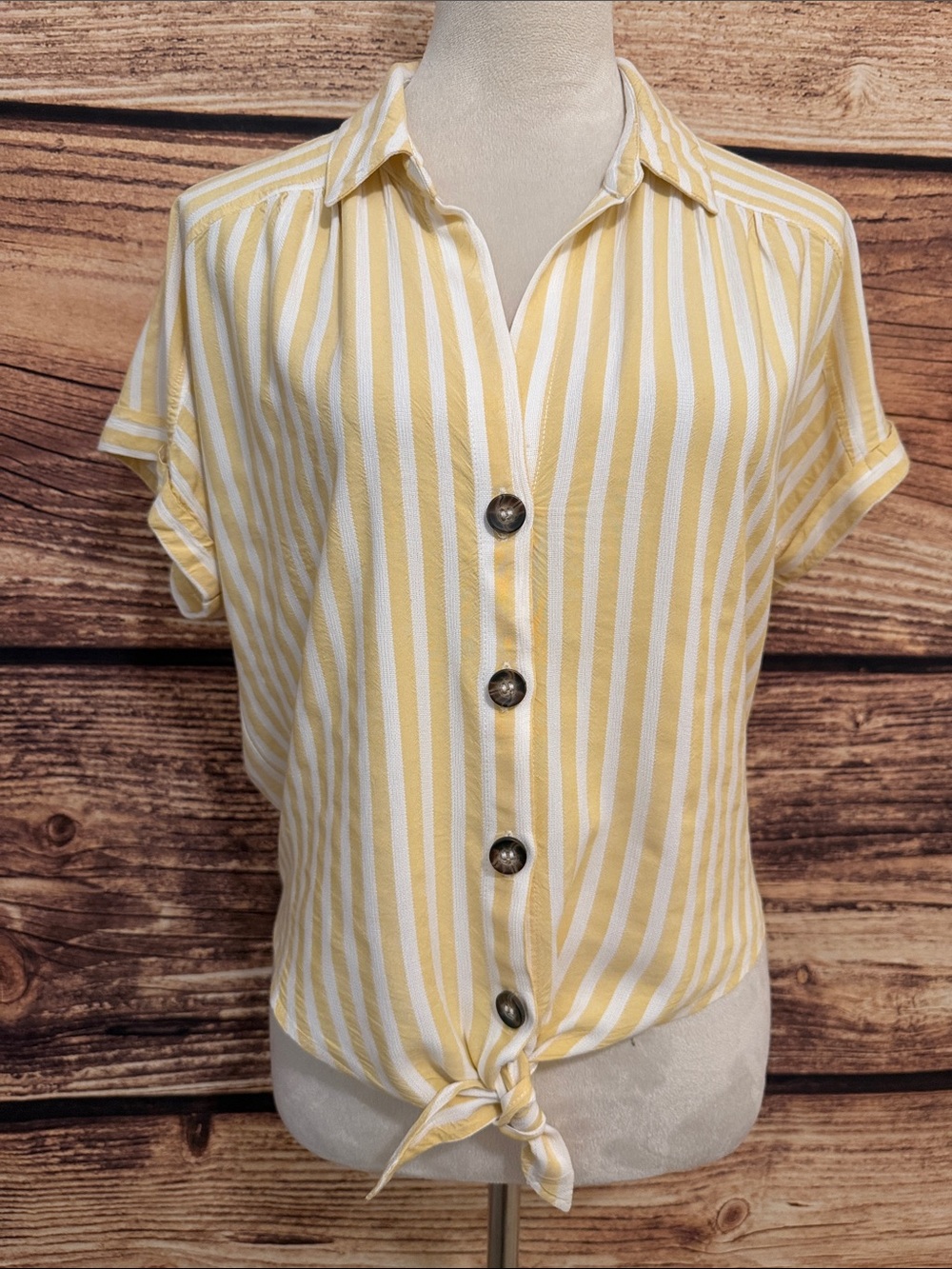Socialite Yellow & White Striped Tie-Hem Button Front Shirt